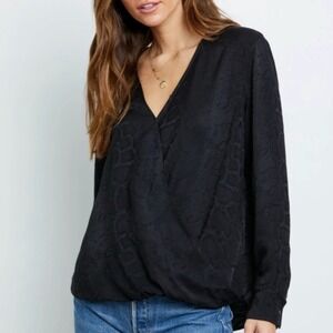 Rails Hillary Snake Jacquard Wrap Front Black Blouse Large Minimalist Luxury 90s